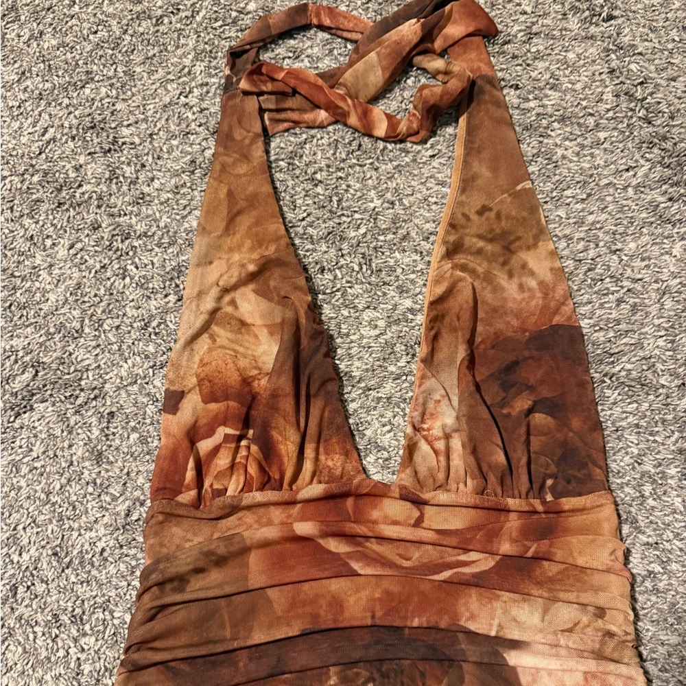 12th Tribe Rust Brown Floral Halter Top